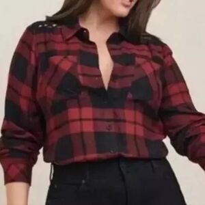 Torrid Red Plaid Flannel Cutout Shirt